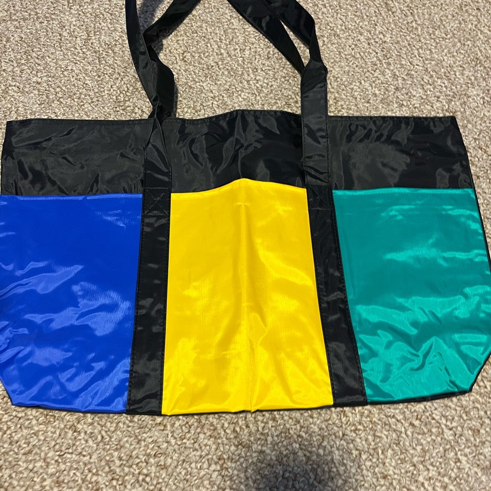 New Black Tote blue yellow green front pockets  beach bag  summer bag